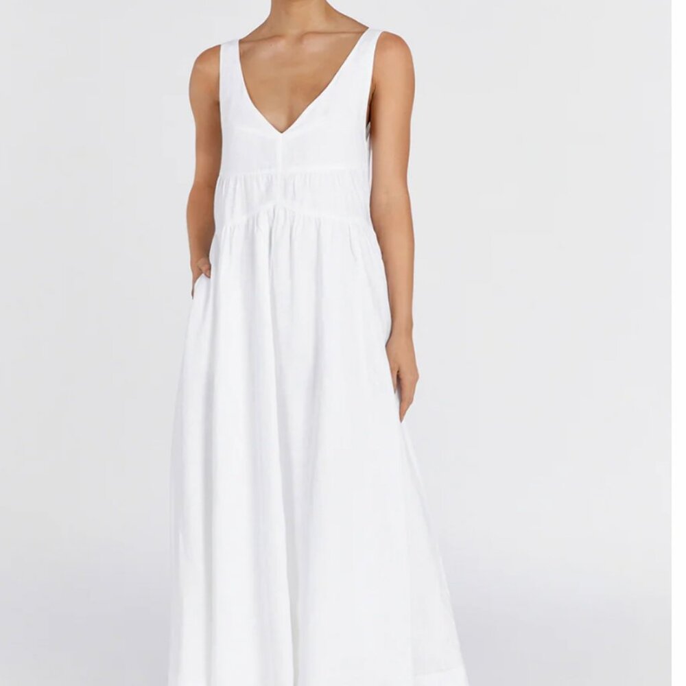 ARLO WHITE V NECK LINEN MAXI DRESS DISSH